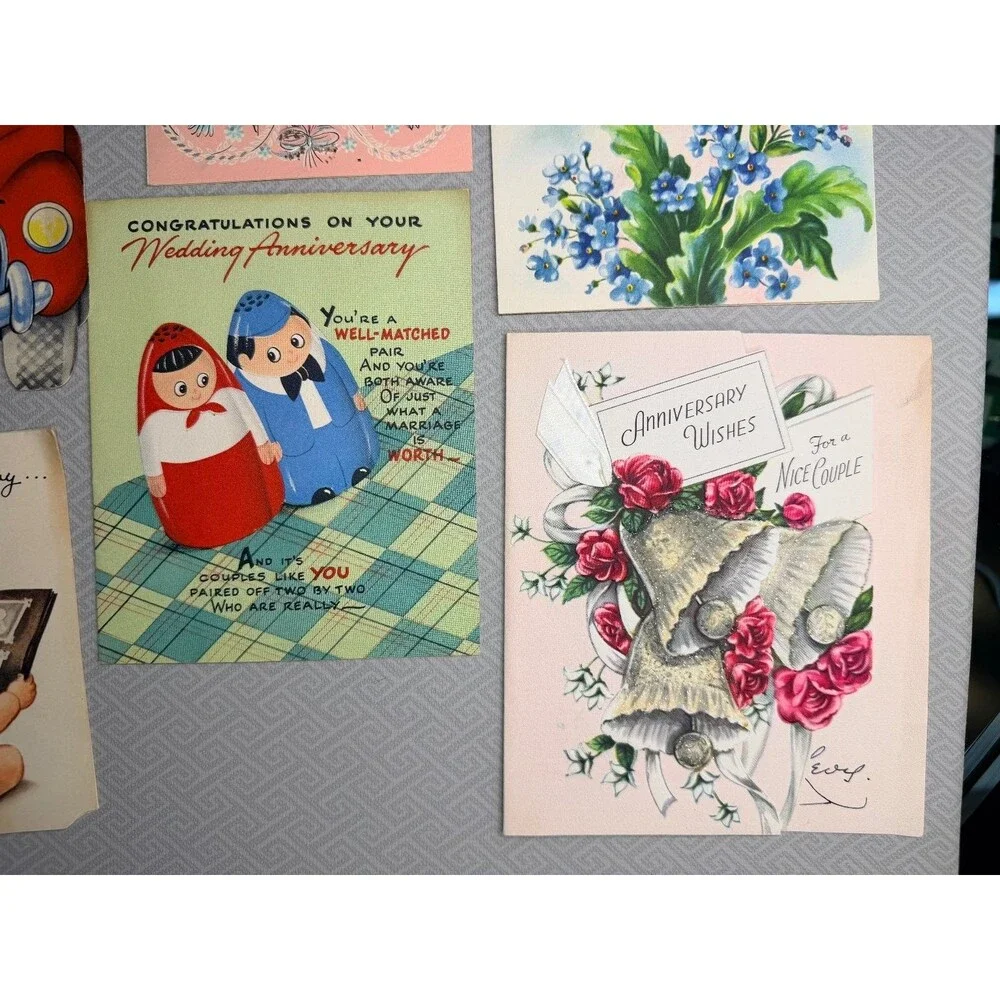 10 Vintage Kitsch Cute Anniversary Greeting Cards 1954 Mid-Century Ephemera